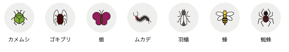 カメムシ ゴキブリ 蛾 ムカデ 羽蟻 蜂 蜘蛛